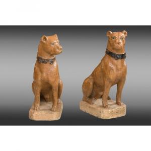 Reconstituted And Painted Stone Dogs. Nineteenth Century