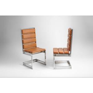 6 Italian Dining Chairs Model Romeo Rega, In Chromed Steel Upholstered In Faux Leather