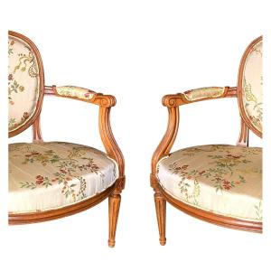 Pair Of Louis XVI Style Silk Armchairs