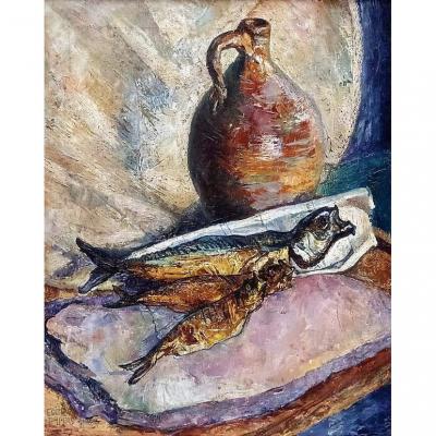 Edith Elizabeth Pijpers - Smoked Herrings, Dutch Still Life, Oil On Canvas