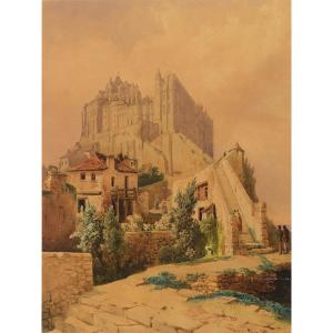 View Of Mont Saint-michel Original Watercolor C1830 Signed Girard, Before Restoration Work