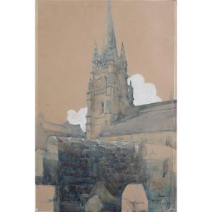 Georges Lefort Original Watercolor Drawing 1900 Church Of Saint-briac De Bourbriac Côtes-d'armor