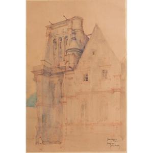 Georges Lefort Original Watercolor Drawing 1900 Guingamp Notre-dame De Bon-secours Church