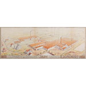 Beautiful Framed Watercolor "spinning And Weaving Japy, Factory Of Exincourt" (doubs).