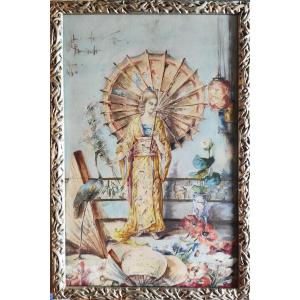 Original Watercolor Of A Japanese Woman, Signed Morel-deville, Framed
