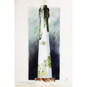 Maurice Lederlé Original Drawing Watercolor 1907 Vase With Cicadas And Lichen Fine Arts From Rennes
