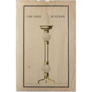Original Drawing 1860 Fontaine De Héron, Hydraulics, Amédée Percevault Bookseller, Saint-flovier
