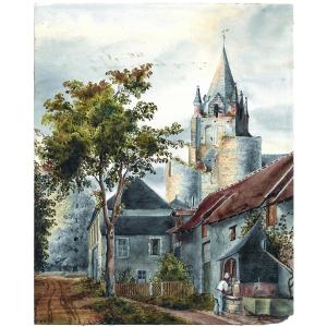 Original Watercolor: View Of The Collegiate Church Of Saint-liphard In Meung-sur-loire (loiret) 1832