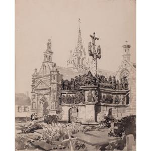 Calvary Of Guimiliau, Finistère. Two Wash Drawings 1900 – Parish Enclosure, Church, Ossuary
