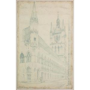 James Swan (1864-1940). St. Martin's Cathedral, Ypres, Belgium. A Drawing. (1895).