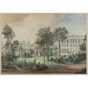 Framed Watercolor. View Of The Garden Of The Titon Hotel In Paris, Rue Du Faubourg-poissonnière. 