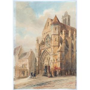 G.-f. Guiaud. View Of A Procession In Front Of The Church Of Moret-sur-loing (seine-et-marne).