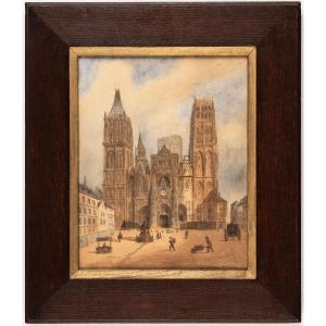 G. Duwarnet. Animated View Of The Forecourt Of Rouen Cathedral During The Works. 1841. 