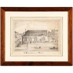Original Drawing Signed E. Gallet, View Of The Old Fish Market, Feydeau Island In Nantes, 1860. 