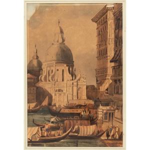 Samuel Prout. Animated Venetian Composition With The Basilica Of Santa Maria Della Salute. 