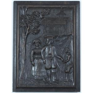 Breton Folk Art, 20th Century. Bas-relief On A Wooden Panel: Almsgiving At The Exit Of A Church