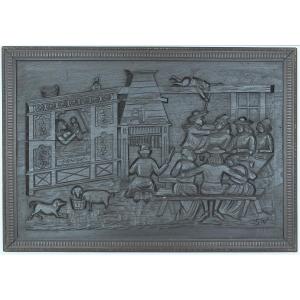 Breton Folk Art, 20th Century. Bas-relief On A Wooden Panel: Feast And Maternity