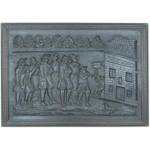 Breton Folk Art, 20th Century. Bas-relief On A Wooden Panel: Procession Scene With Bombard.