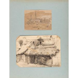 Frédéric Legrip. Original Drawing. View Of The Banks Of The Seine, Rouen (seine-maritime). [19th Century].
