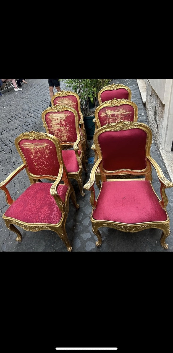  Set Di 6 Poltrone Romane dorate Luigi XV XVIII Secolo Velluto Rosso.-photo-3