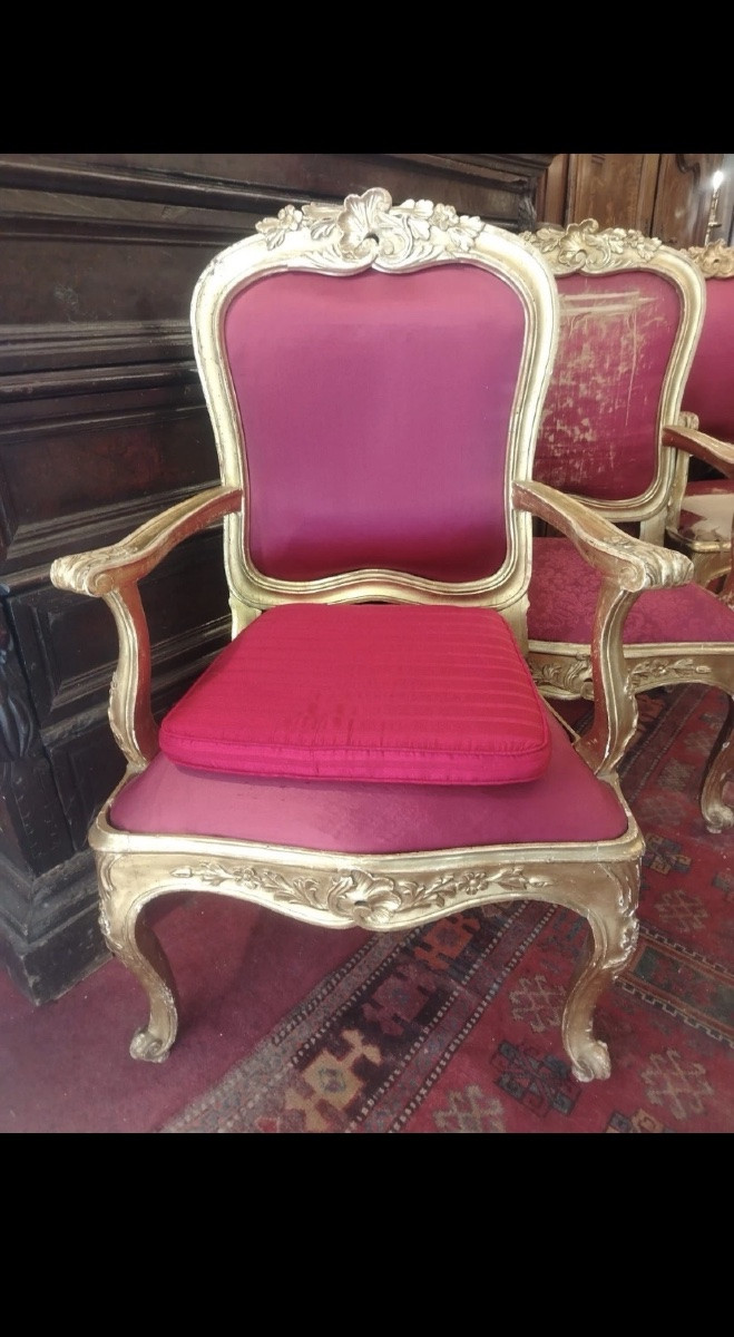 Set Di 6 Poltrone Romane dorate Luigi XV XVIII Secolo Velluto Rosso.-photo-4