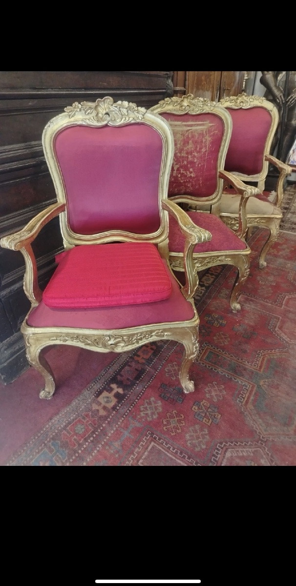  Set Di 6 Poltrone Romane dorate Luigi XV XVIII Secolo Velluto Rosso.-photo-4