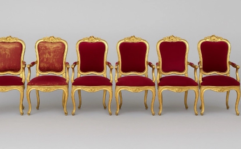  Set Di 6 Poltrone Romane dorate Luigi XV XVIII Secolo Velluto Rosso.