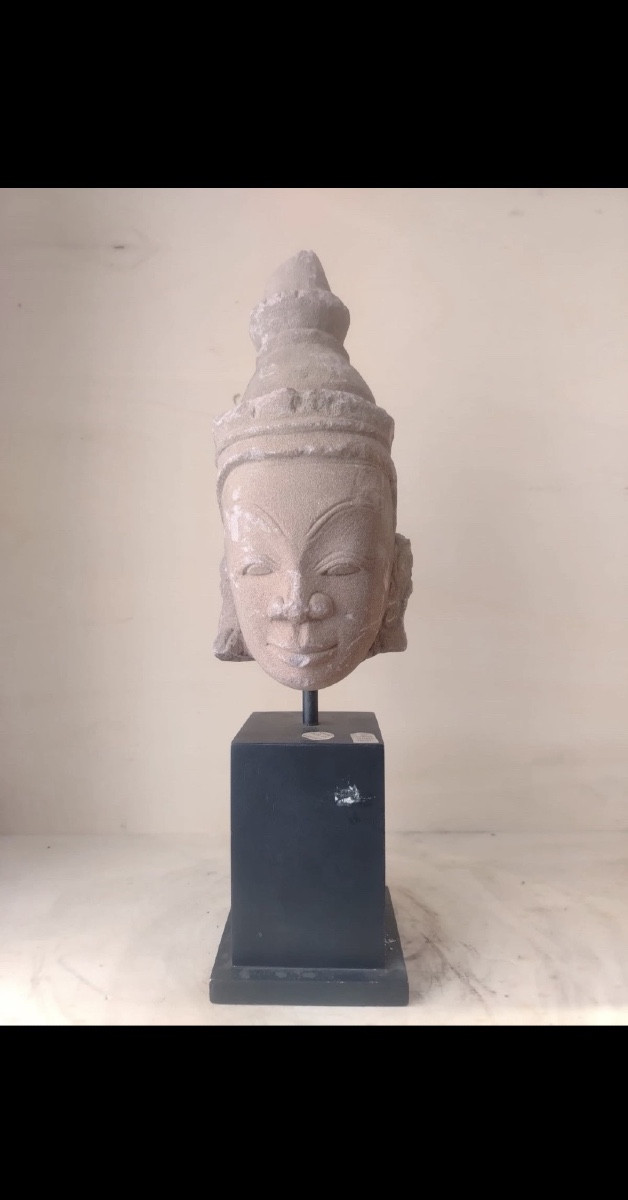 Testa Khmer Divinità Arenaria Rossa Thailandia Del Nord X/XIII Sec Oriental Art.