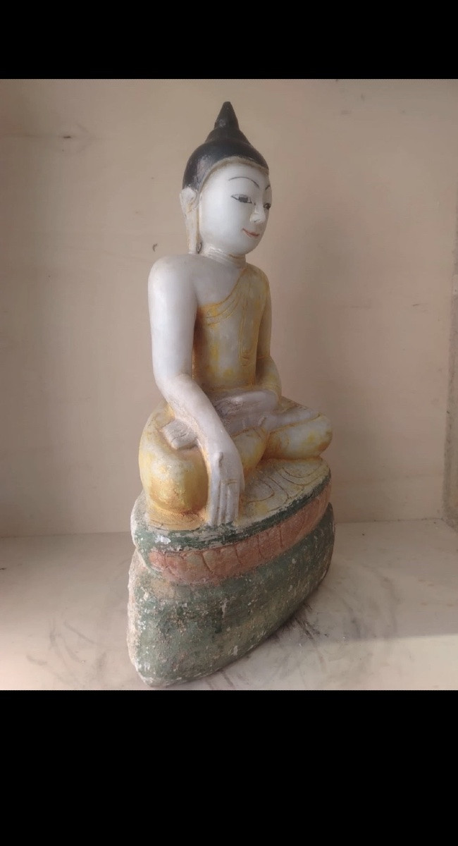 Buddha Indiano XIX Secolo Marmo Bianco Trasparente Gesto Illuminazione Mudra Art.-photo-3