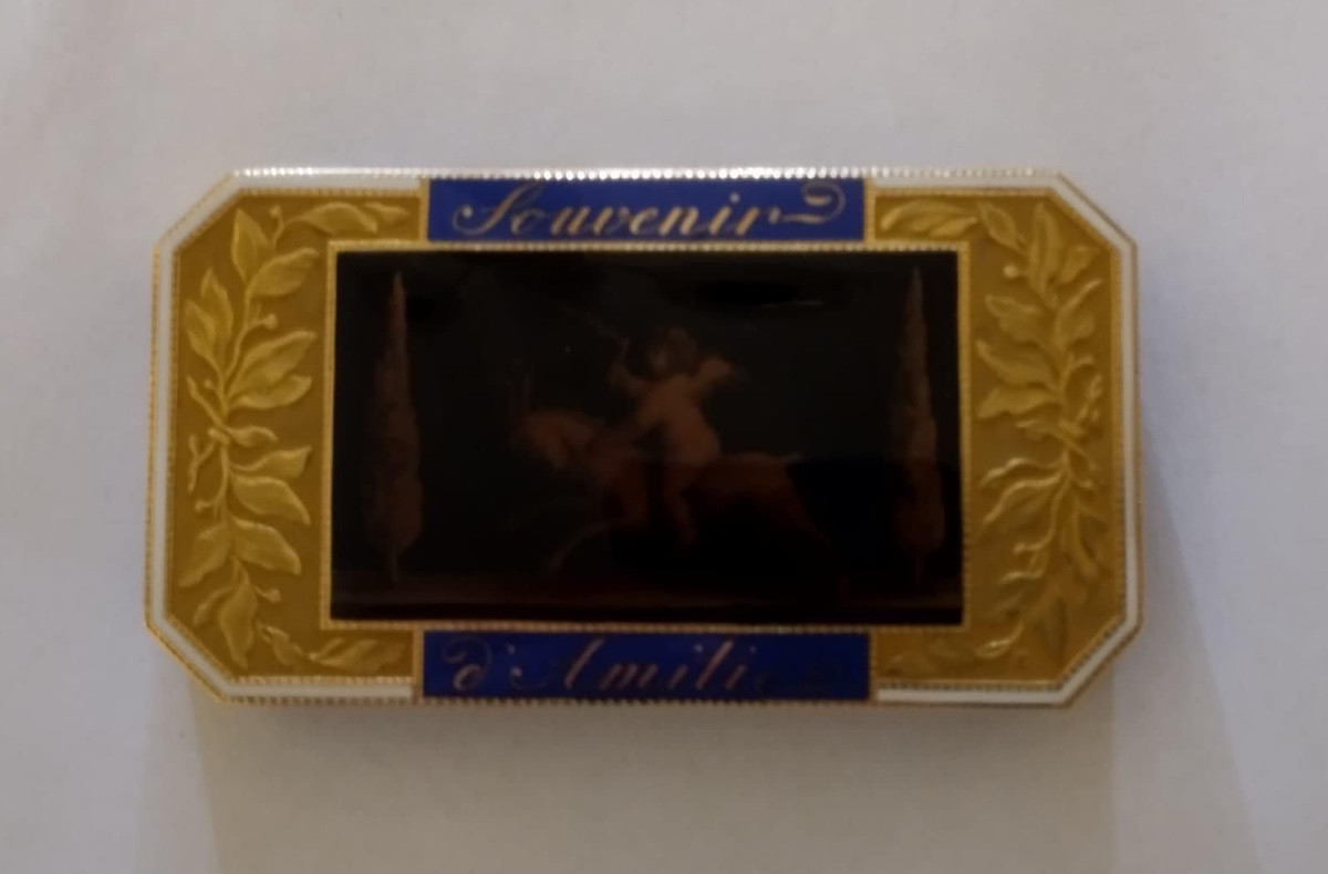 Rara tabacchiera in oro smaltato, Ginevra o Parigi, 1834 – “Souvenir d’Amitié” con miniature mi