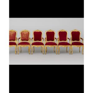  Set Di 6 Poltrone Romane dorate Luigi XV XVIII Secolo Velluto Rosso.