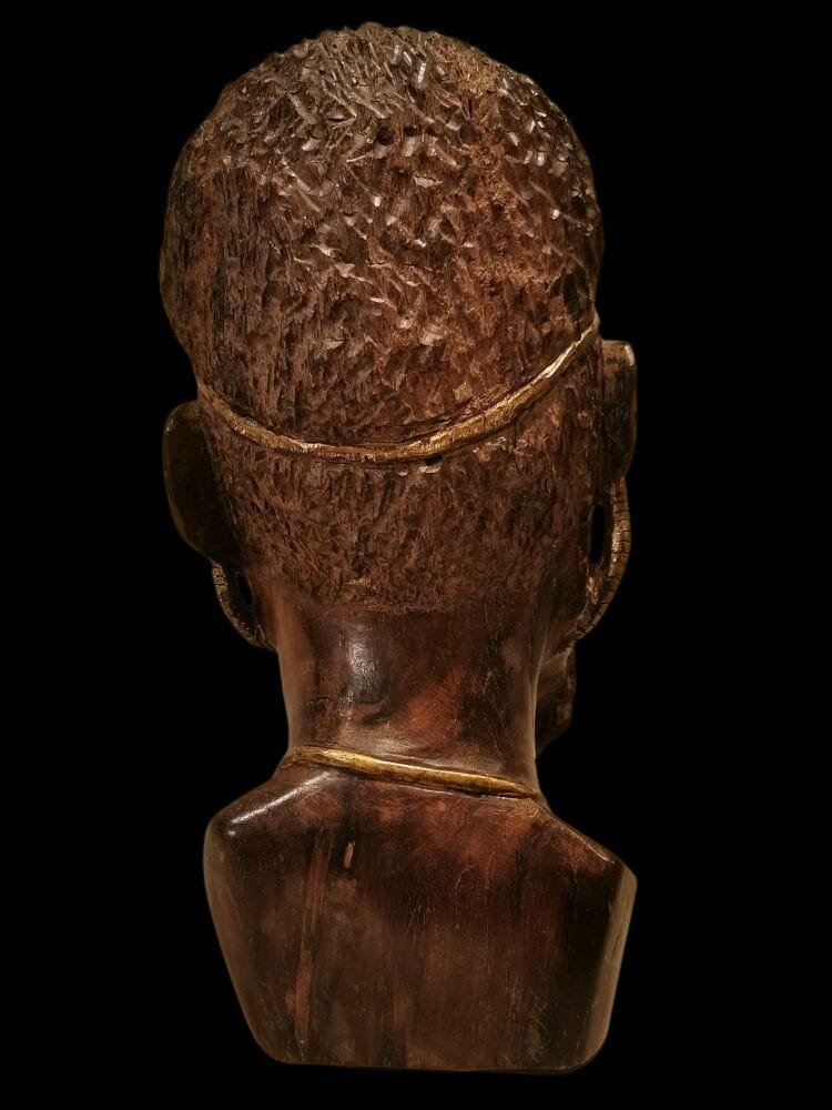 Grand Sculpture En Bois Du XIXe Siècle : Tête d'Africain Aux Décors Dorés-photo-2