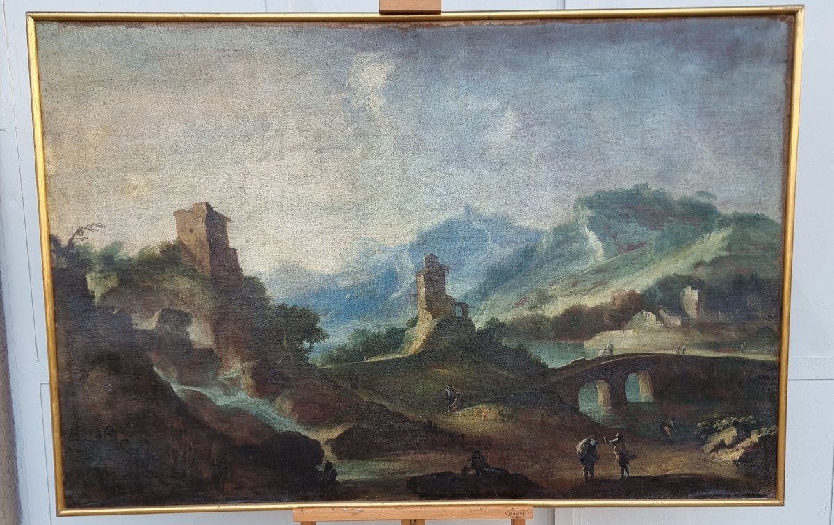 Huile Du XVIIe Siècle - Paysage Avec Des Bêtes Attribué à Bartolomeo Pedon 1665-1732-photo-2