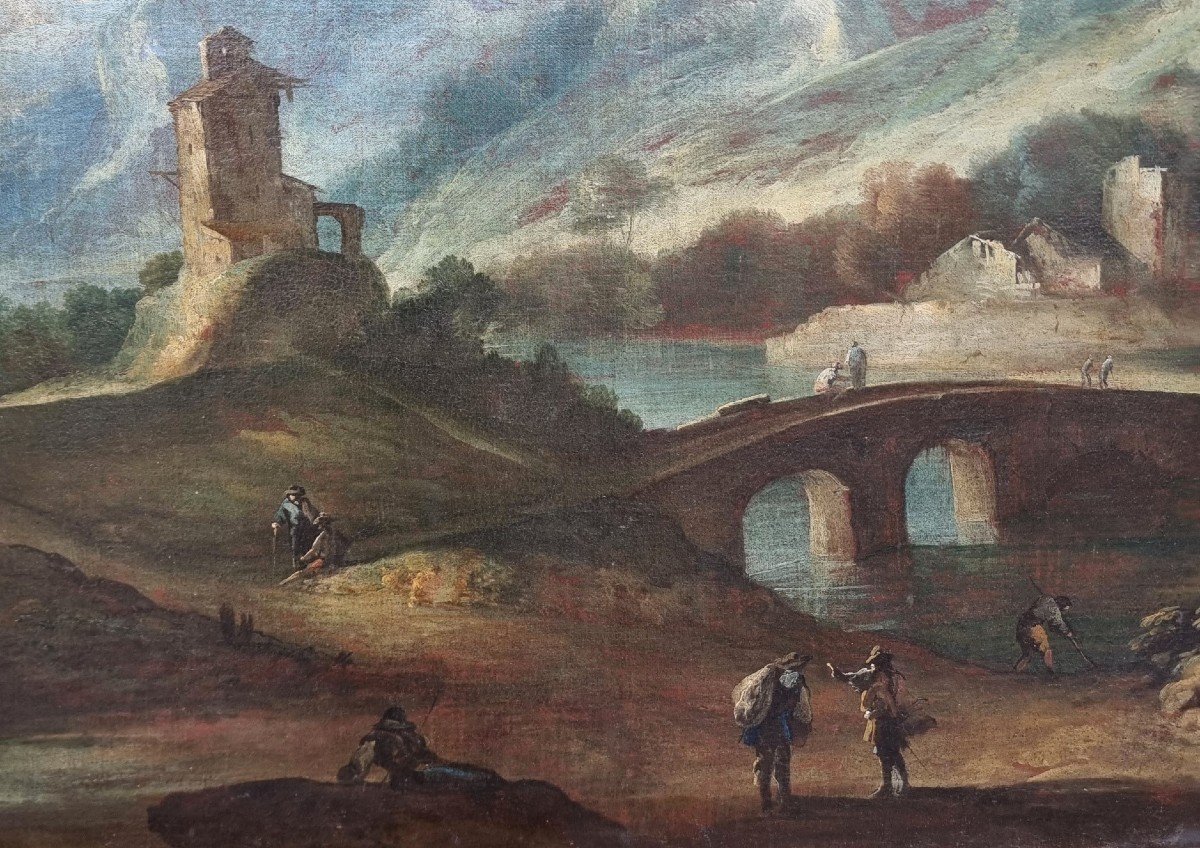 Huile Du XVIIe Siècle - Paysage Avec Des Bêtes Attribué à Bartolomeo Pedon 1665-1732-photo-1