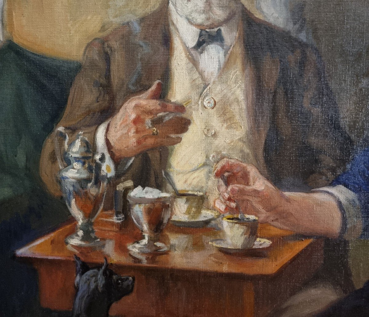 Olio su Tela del 1900: Pausa Caffè con il Cagnino Pinscher grande qualità-photo-4