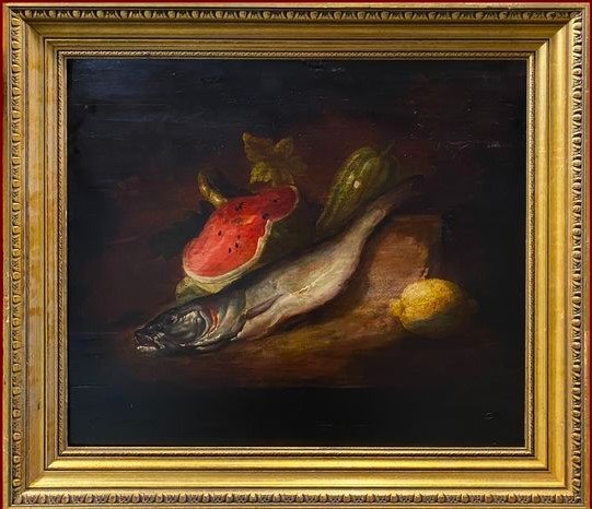 Olio su Tavola dell’800: Natura Morta con Cocomero, Merluzzo e Limone