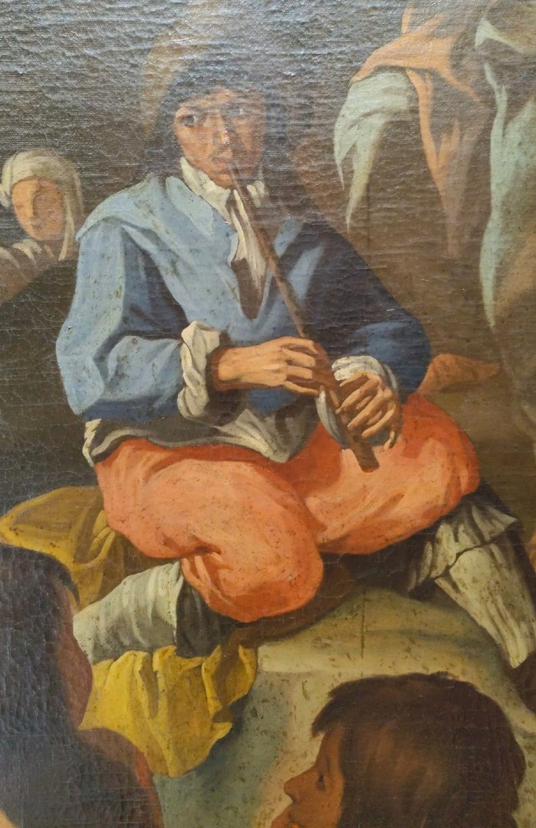 Olio su tela fine 600 Scena campestre con musicanti – scuola di Francesco Guarini (1611‑1654)-photo-6