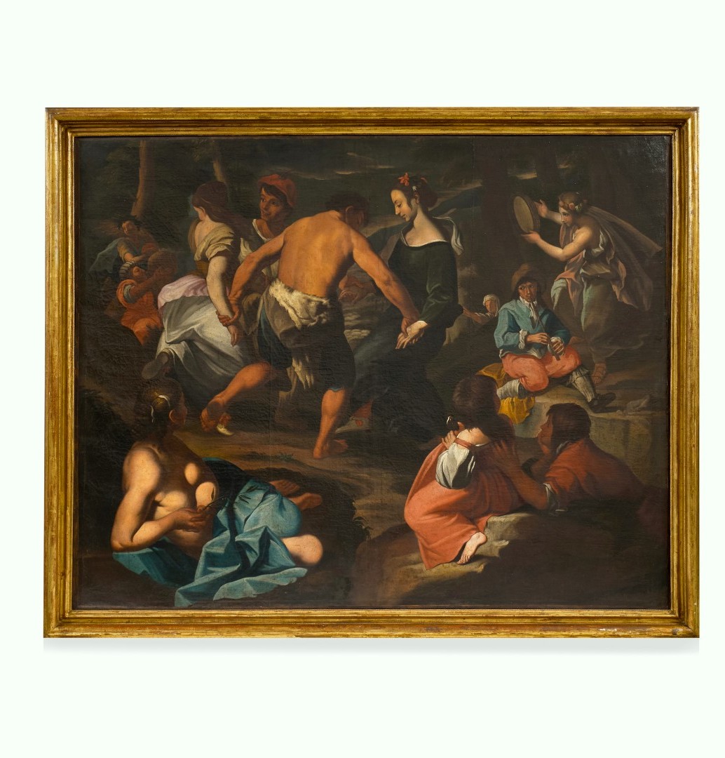 Olio su tela fine 600 Scena campestre con musicanti – scuola di Francesco Guarini (1611‑1654)