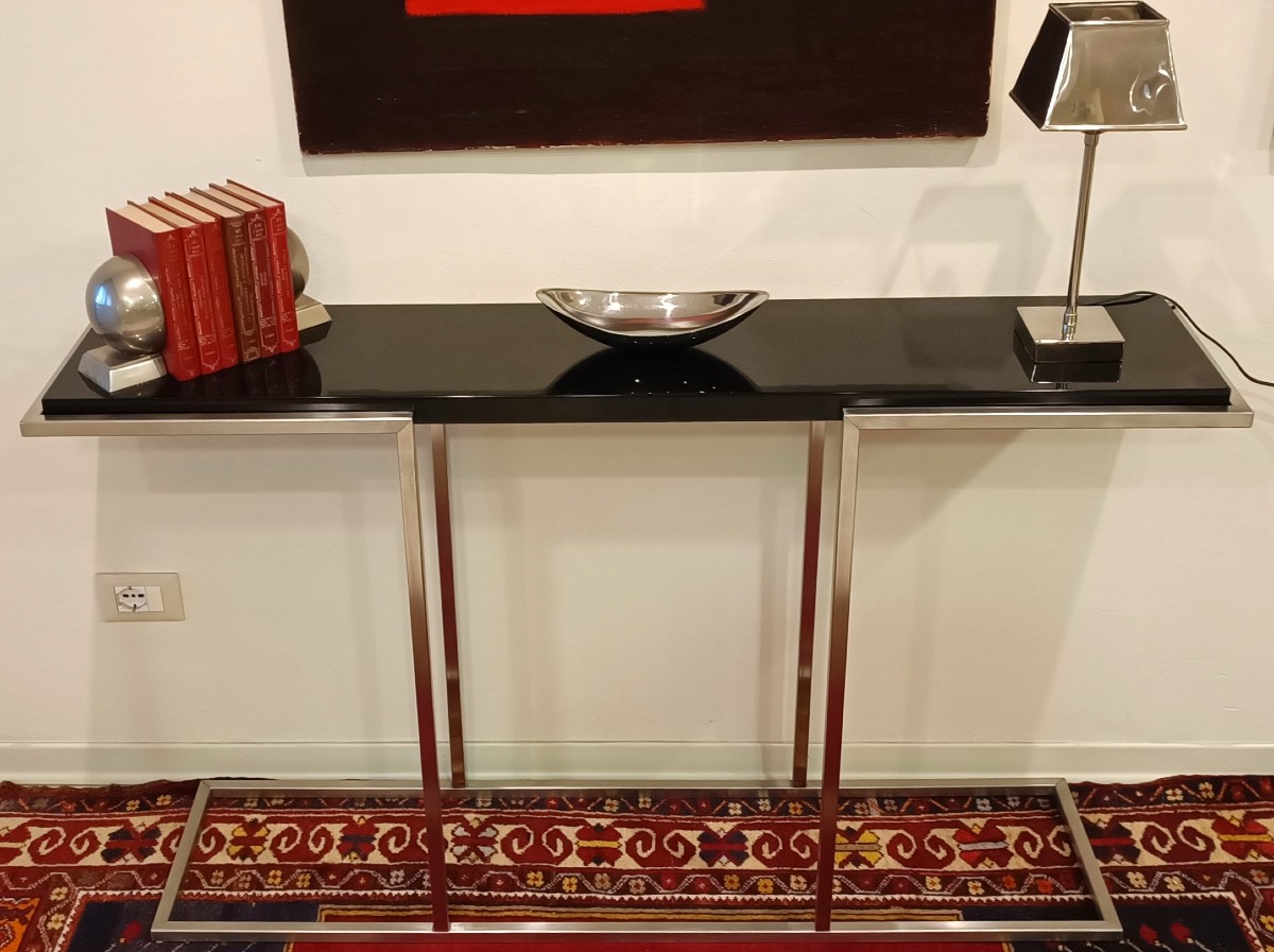 "La Consolle Design Anni '80 Acciaio Satinato con mensola laccata nera"-photo-2