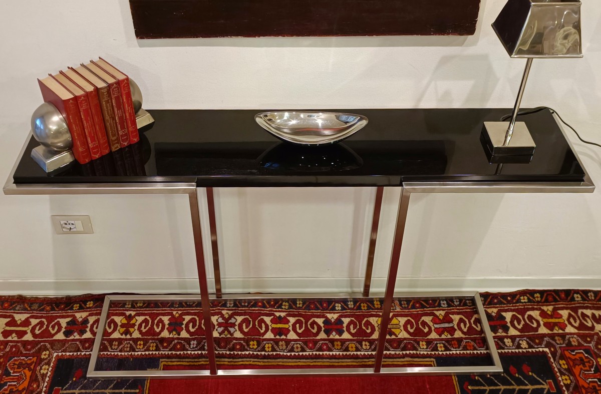 "La Consolle Design Anni '80 Acciaio Satinato con mensola laccata nera"-photo-3
