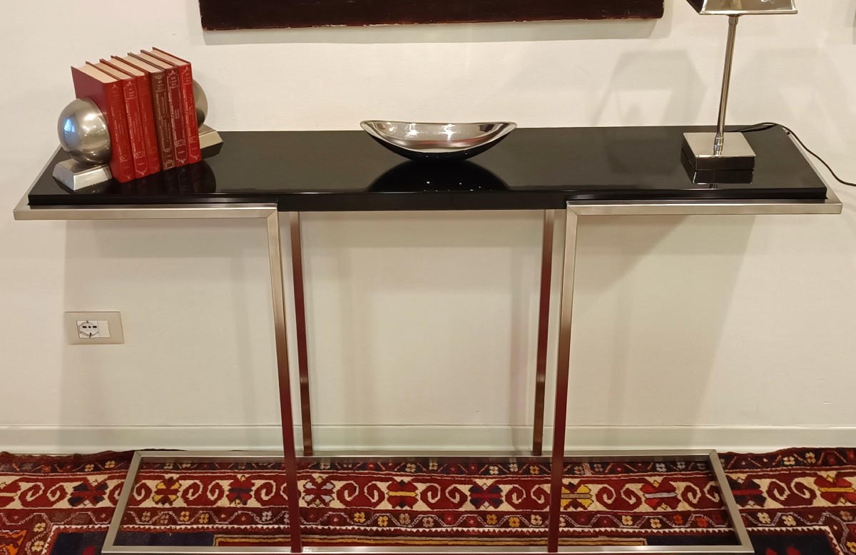"La Consolle Design Anni '80 Acciaio Satinato con mensola laccata nera"-photo-4
