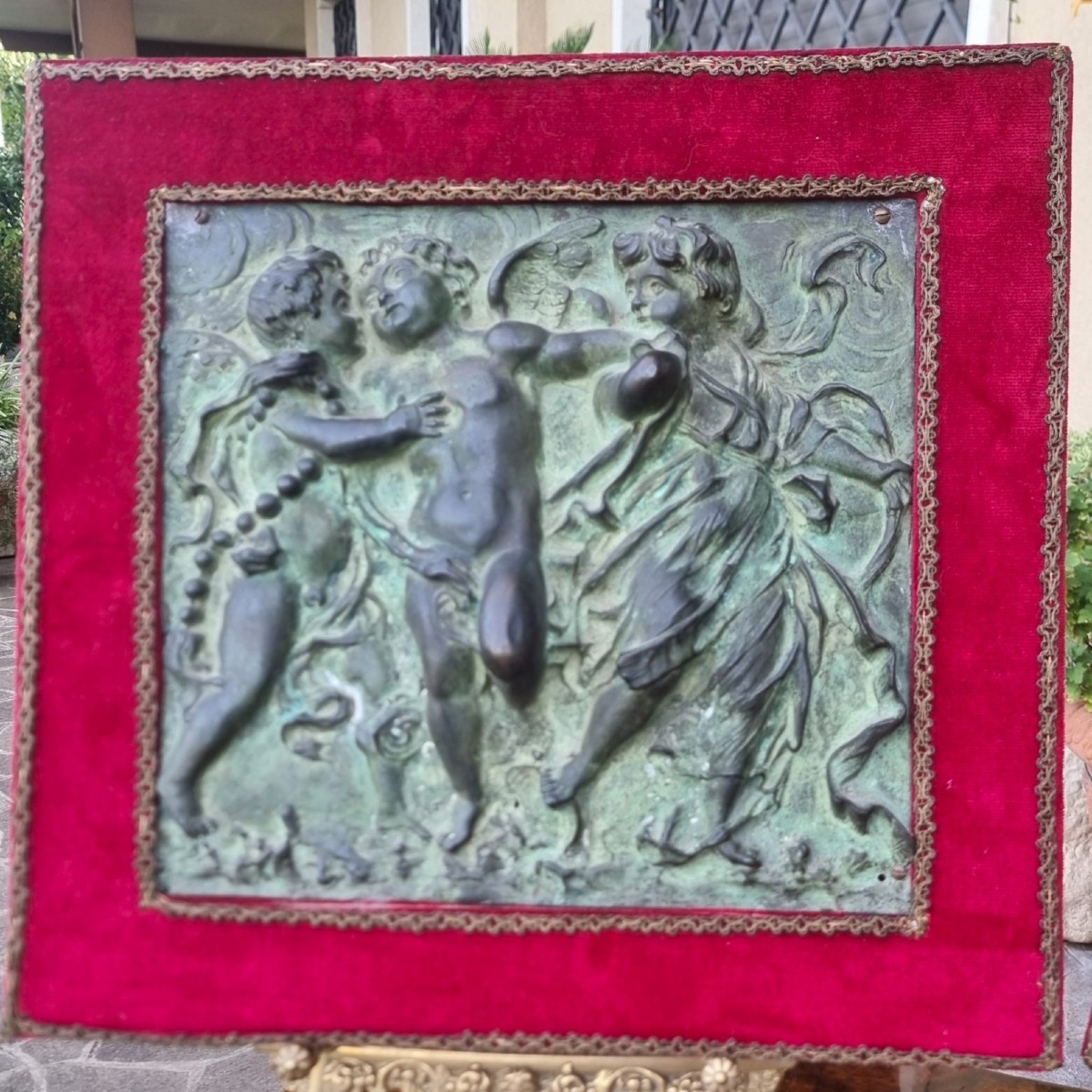 Coppia di altorilievi in bronzo neoclassici 1780 gioco di putti-photo-2