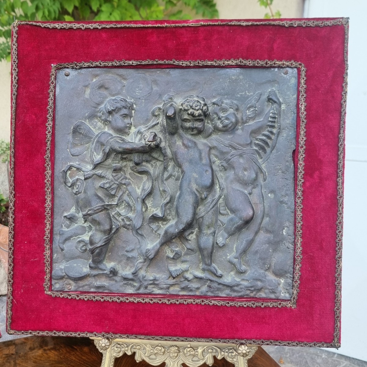 Coppia di altorilievi in bronzo neoclassici 1780 gioco di putti-photo-3