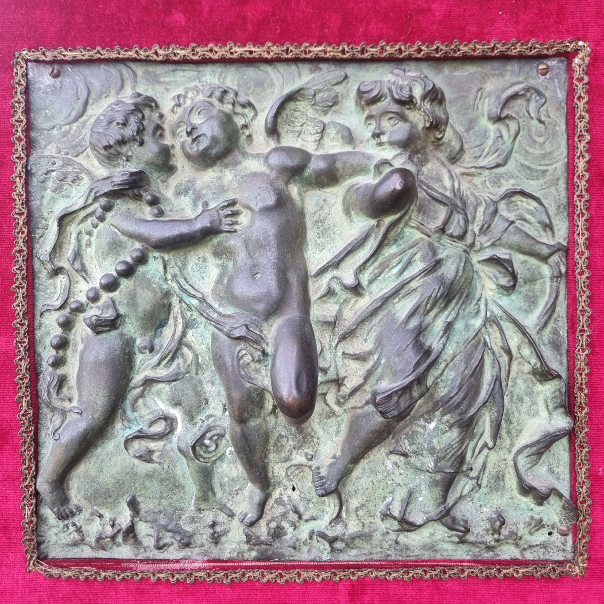 Coppia di altorilievi in bronzo neoclassici 1780 gioco di putti-photo-1