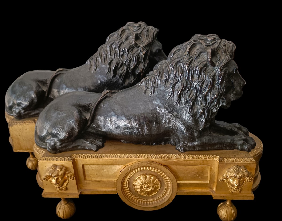 Coppia di leoni in bronzo Impero 1820 con base in bronzo dorato-photo-4