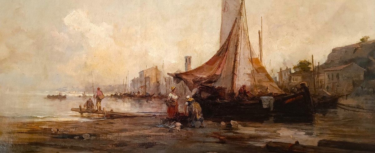 Olio su tela Marina con Laguna di Venezia datato 1877-photo-2