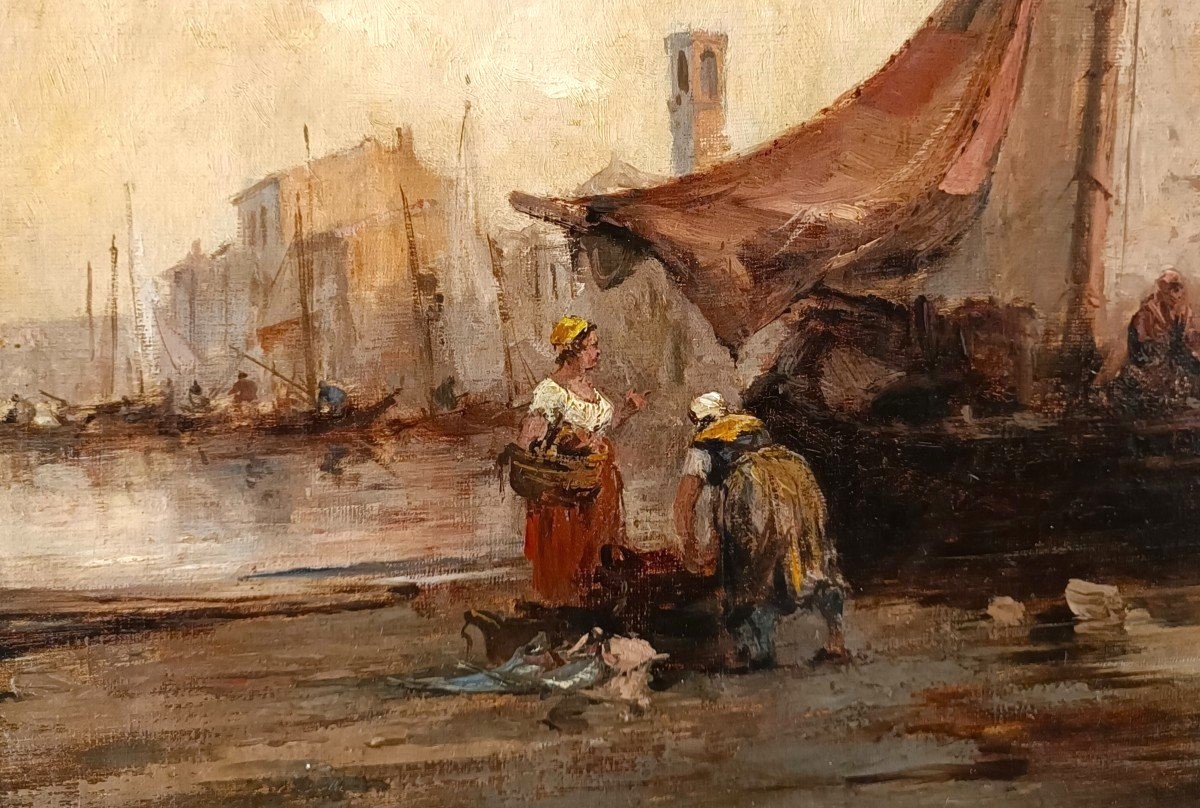 Olio su tela Marina con Laguna di Venezia datato 1877-photo-3