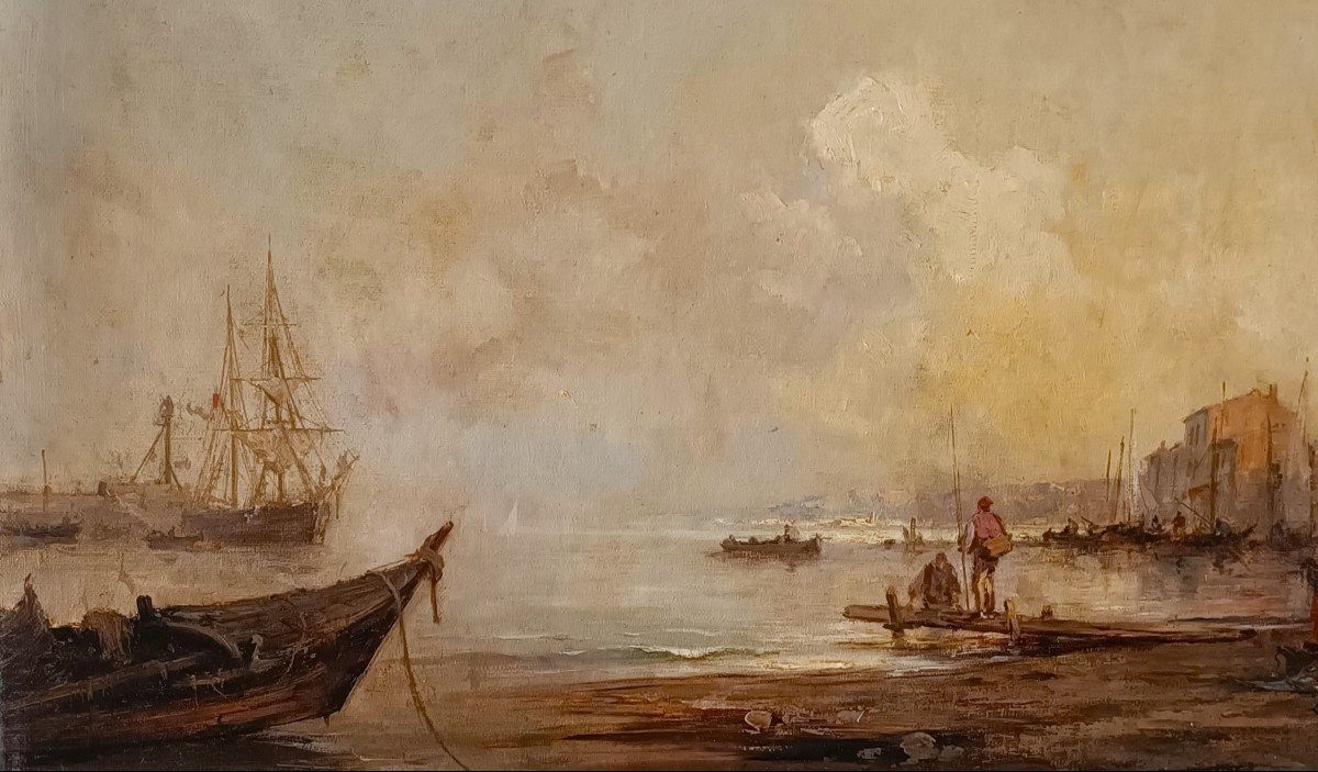 Olio su tela Marina con Laguna di Venezia datato 1877-photo-4