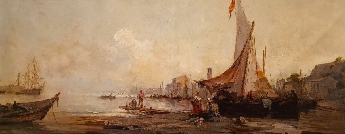 Olio su tela Marina con Laguna di Venezia datato 1877-photo-1