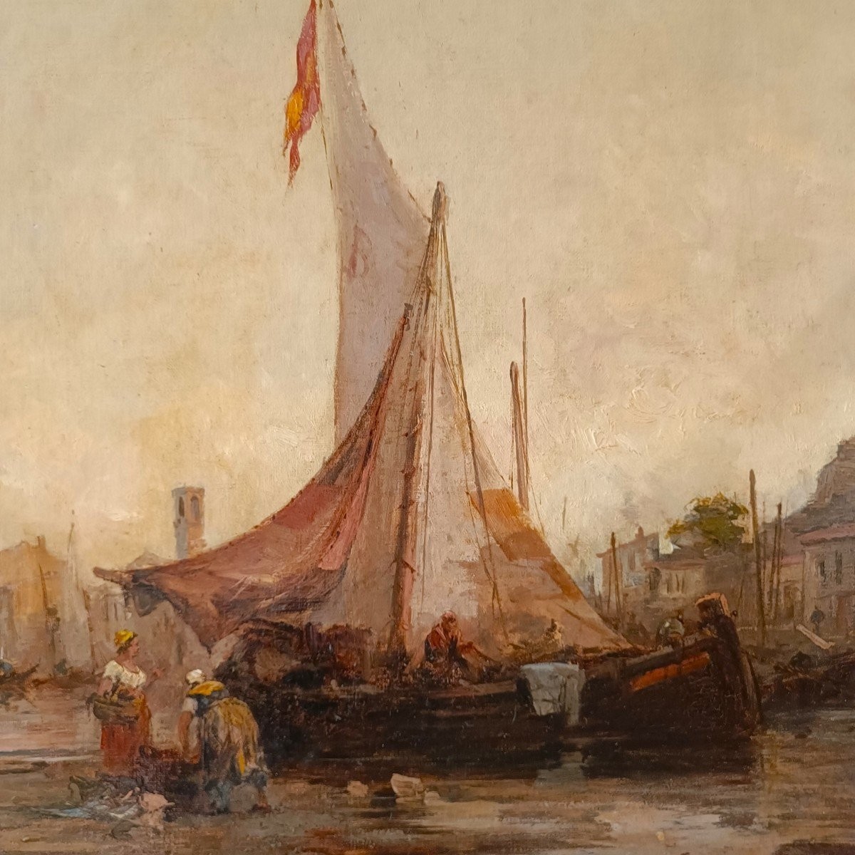Olio su tela Marina con Laguna di Venezia datato 1877-photo-3